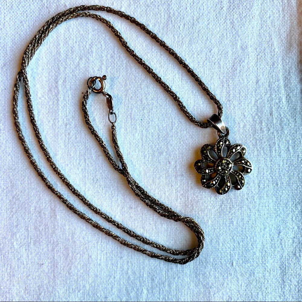 Vintage Sterling Marcasite Flower Necklace 18"